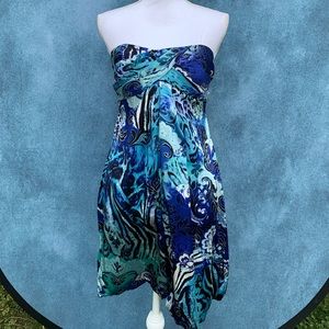 Cache Blue abstract print  100% silk dress size 4 --Y2K bubble style dress